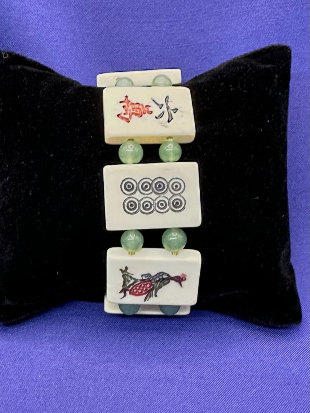VTG Asian MahJong Tile Bracelet Jade-Tone/Aventurine Beads - Picture 6 of 14